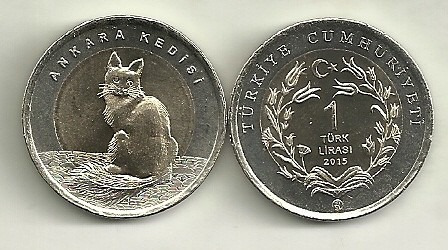 Moneda Turquia Año 2015 Bimetalica 1 Lira Fauna Gato
