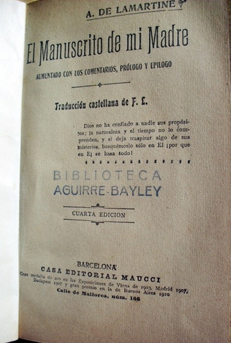 Libro El Manuscrito De Mi Madre - A.de Lamartine- 1910