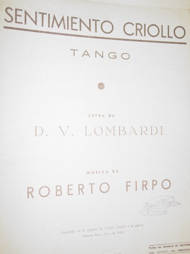 Partitura Tango Sentimiento Criollo Lombardi Roberto Firpo