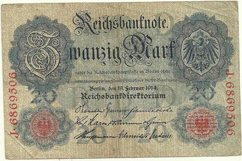 Billete Alemania 20 Marcos Año 1914 Bueno-