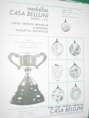 Publicidad Antigua Casa Belluni Fronti Trofeos Medallas Copa