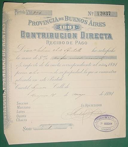 Antiguo Recibo Año 1891 Contribucion Directa Buenos Aires