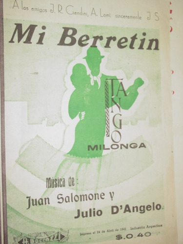 Partitura Tango Mi Berretin Milonga Salomone Julio Dangelo