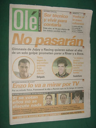 Diario Ole 9/12/97 Gimnasia Jujuy Boca Independiente Menotti