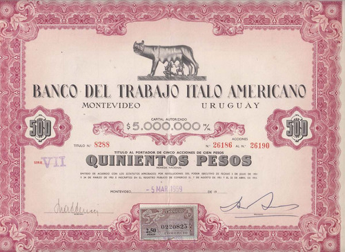 1959 Banco Trabajo Italo Americano Titulo Al Portador 500