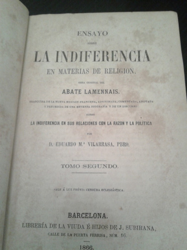 Religion Ensayo Sobre La Indiferencia Lammenais 1868 2 Tomos