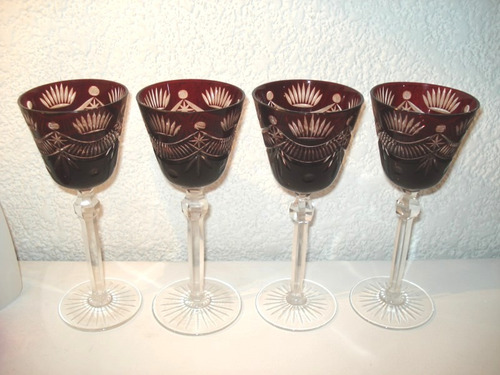 Juego De 4 Copas De Cristal Color Bordo Talladas Antiguas