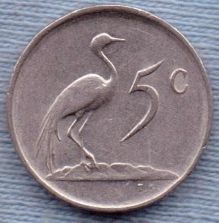 Imagen 1 de 2 de Sudafrica 5 Cents 1983 * Ave Grua Azul * Escudo *