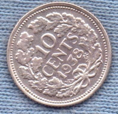 Imagen 1 de 2 de Holanda 10 Cents 1938 Plata * Reino Wilhelmina I *