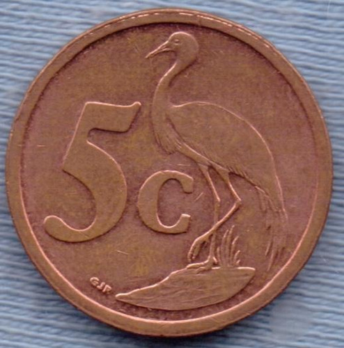 Imagen 2 de 2 de Sudafrica 5 Cents 2004 * Grulla Azul * Nuevo Escudo *