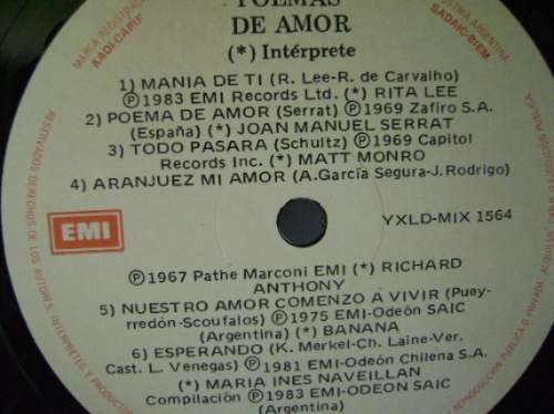 Poemas De Amor- Serrat, Pagliaro, Banana, Compil-1983-lp Vin
