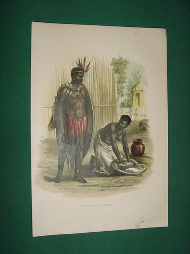 Litografia Color Antigua 1880 No Grabado Raza Negra Cafres