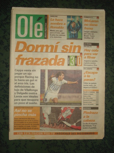 Diario Ole 29/03/1998-dormi Sin Frazada/racing 3 Lanus 0