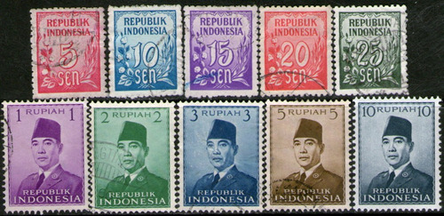 Indonesia Serie X 10 Sellos Usados Cifras = Sukarno Año 1951