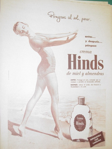 Publicidad Antigua Crema Hinds Miel Almendra Pongase Al Sol