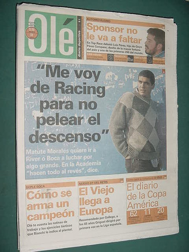 Diario Ole 22/6/99 Racing Morales Colon Argentinos Lanus