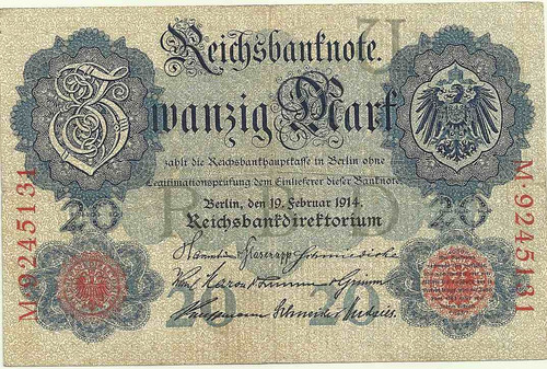 Billete Alemania 20 Marcos Año 1914 Bueno