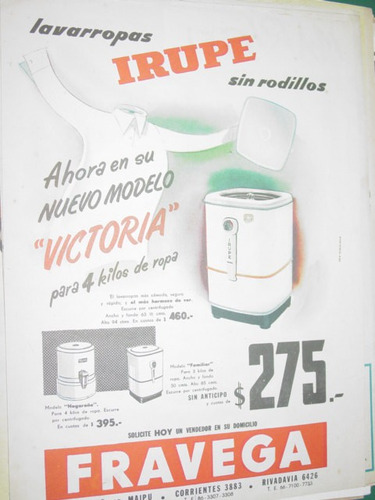 Publicidad Antigua Lavarropas Irupe Modelo Victoria Fravega