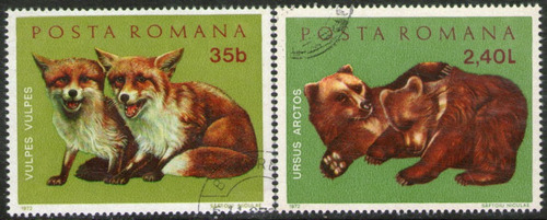 Rumania 2 Sellos Usados Fauna: Zorros Y Osos Año 1972 