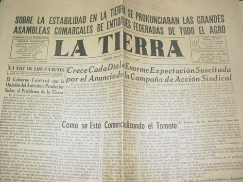 Diario La Tierra Rosario Sta Fe 28/2/56 Asambleas Agrarias