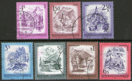 Austria 7 Sellos Usados Paisajes, Iglesias, Lagos Año 1973 