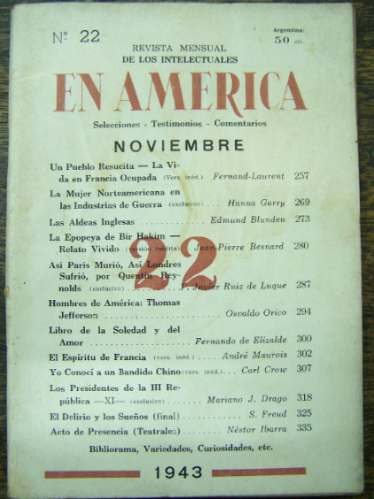 Revista En America Nº 22 Noviembre 1943 De Los Intelectuales