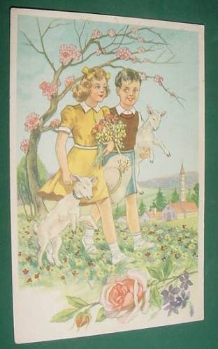 Postal Postcard Infantil Niños Ilustrada Vintage Escrita