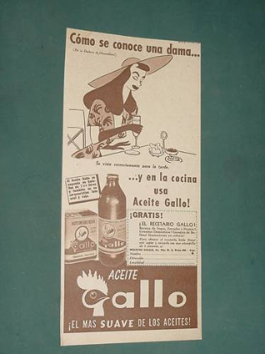 Publicidad Gallo Aceite Comestible Mezcla Botellas Lata Roja