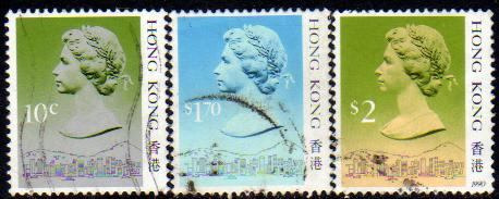Hong Kong 3 Sellos Reina Elizabeth 2° Tamaño 25x29mm 1987