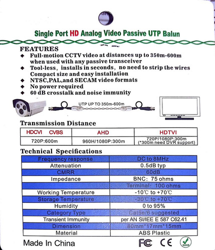 Video Balun Pasivo Hd 350-600m (cvi / Ahd / Tvi / Cvbs)