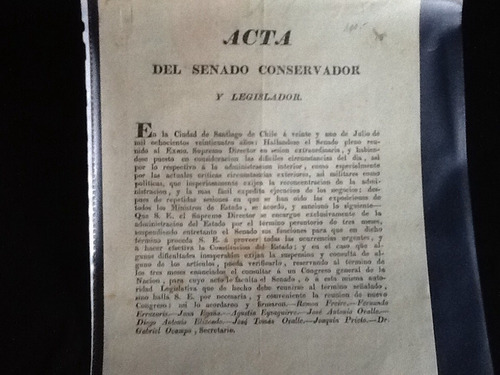 Impreso Chileno Acta Senado Conservador Freire Egaña - 1824