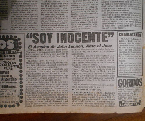 John Lennon Asesinato Nota Diario Cronica 7 De Enero 1981