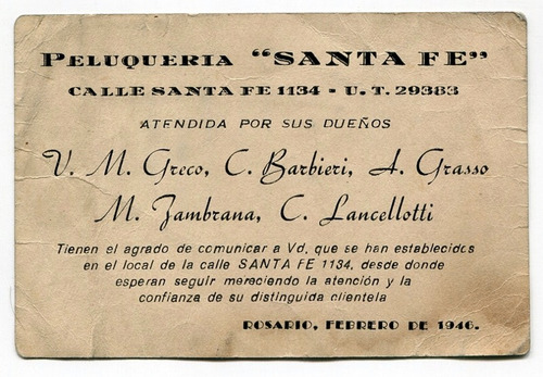 Antigua Trajeta Publicidad Peluqueria Santa Fe Rosario 1946