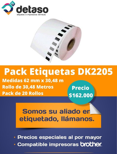Pack 20 Rollos Etiquetas Adhesivas Dk2205 205