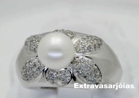 Anel Em Ouro Branco 18k Com Pérola Mais Brilhantes!!