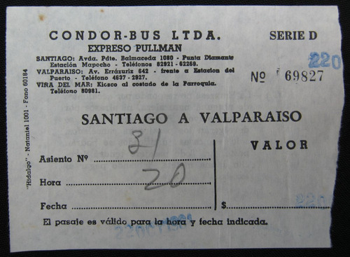 Pasaje Cóndor Bus Santiago A Valparaíso Año 1961