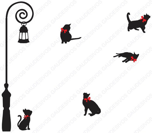 Adesivo De Parede Decorativo Poste De Luz Com 5 Gatos Laço
