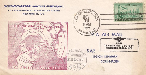 Envelope 1º Vôo Inter Polar Los Angeles Copenhagen 1952