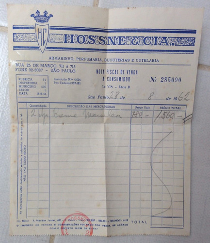 Nota Fiscal Antiga Da Empresa Hossne & Cia Ano 1962