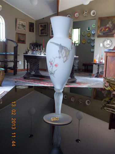 Vintage Vaso Vidro Satiné Branco- Pássaro E Flores - Itália