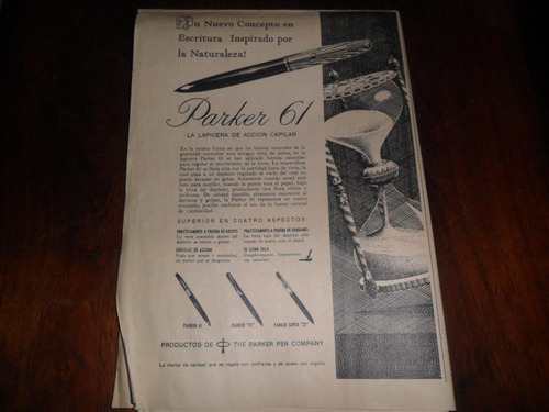 Antigua Publicidad 1960 Lapicera Parker 61 Super 21 Escritur