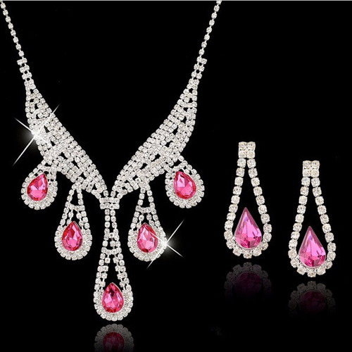 Conjunto De Jóias Cristal Rosa Strass Prata Colar E Brincos