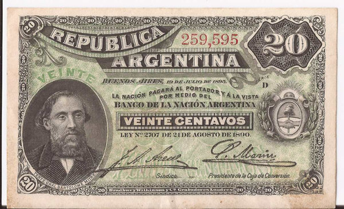 Billete Argentina 20 Ctvs. Julio De 1895. Serie D. Excelente