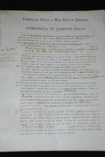 Contrato Compraventa Compañia Salitre Ferrocarriles 1888