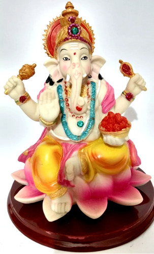 Ganesha Com Flor De Lotus Colorido 16 Cm Imagem Deus Fortuna