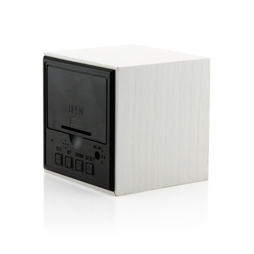 Imagen 3 de 3 de Reloj Despertador Madera Cubo Luz Lcd Sonido Alarma