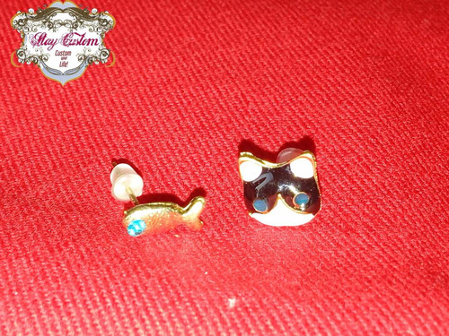 Aros Y Anillo Gatito Y Pez Plateado Importado Vintage Pin Up