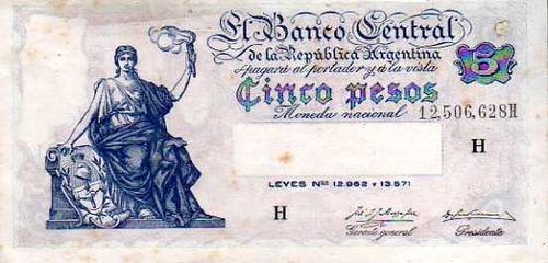 Billete * Argentina * 5 Pesos Progeso Año 1956 Serie H