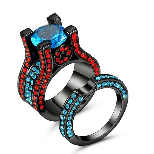 Anillo Doble Negro Piedras Azul Y Rojo Enchapado