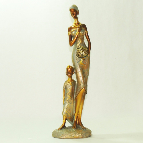 Boneca Africana Mãe E Filho Resina Negra Estátua Estatueta